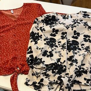 2 Floral V-Neck Tie-Front Blouse sz XL
